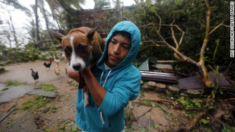 پس از انتقاد شدید اتا از نیکاراگوئه ، یک سگ را به محل امن حمل می کند.