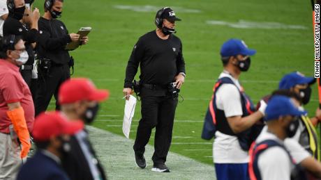 Raiders head coach Jon Gruden watches his team play the Buffalo Bills at Allegiant Stadium in Las Vegas on October 4, 2020.