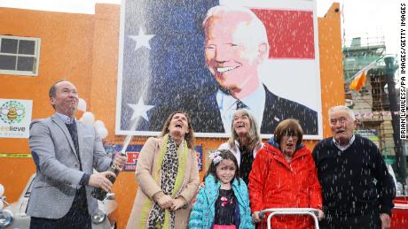 Joe Blewitt (left), a cousin of Joe Biden, with (from left) his wife Deirdre, daughter Lauren (7), Emer Bourke, his aunt Breege Bourke and his father Brendan Blewitt as they began celebrating in anticipation of the results of the US election.