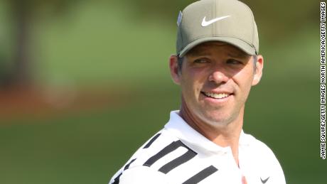 Reason to be cheerful. Paul Casey celebrates his eagle on the second at Augusta during his superb opening round.