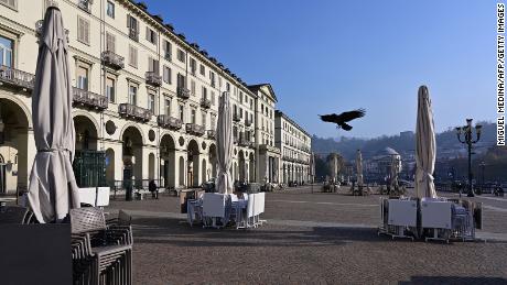 A closed cafe terrace on Piazza Vittorio Veneto in downtown Turin, Italy, in November.