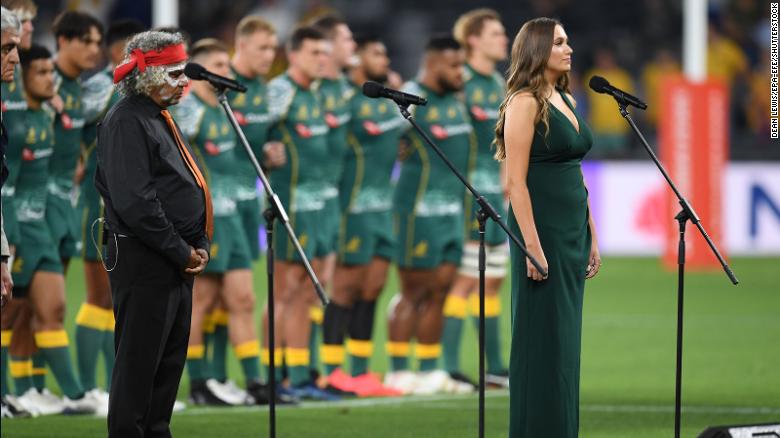 National rugby players sing Australia's national anthem in Indigenous language for first time before match