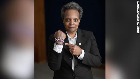 Mayor Lori Lightfoot wearing one of Hayley&#39;s creations.