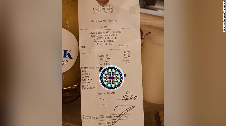 A customer at an Ohio restaurant left a $  5,600 tip to split among the entire staff for Christmas