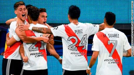 River Plate's Colombian forward Rafael Borre (C-L) celebrates with teamates after scoring a goal against Boca Juniors during their Copa Diego Maradona 2020 football match at La Bombonera stadium in Buenos Aires, on January 2, 2021. (Photo by Marcelo Endelli / POOL / AFP) (Photo by MARCELO ENDELLI/POOL/AFP via Getty Images)