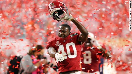 Joshua McMillon of Alabama celebrates his team&#39;s victory in  the College Football Playoff National Championship in January.