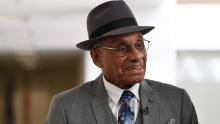 FILE - Willie O'Ree, the first black player to compete in the NHL, arrives for a meeting on Capitol Hill in Washington, in this July 25, 2019, file photo. The Boston Bruins say they are retiring the jersey of Willie O'Ree, who broke the NHL's color barrier. O'Ree will have his jersey honored prior to the Bruins' Feb. 18 game against the New Jersey Devils. He became the league's first Black player when he suited up for Boston on Jan. 18, 1958 against the Montreal Canadiens, despite being legally blind in one eye. (AP Photo/Susan Walsh, File)