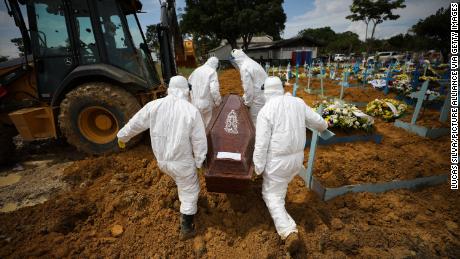 Cemetery workers in protective suits carry the coffin of a person who died of Covid-19 at Nossa Senhora Aparecida Cemetery in Brazil on January 15.
