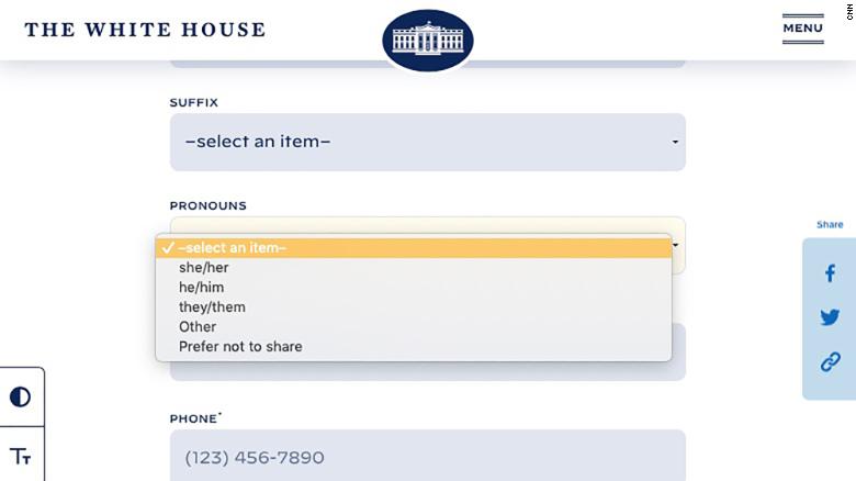 The White House contact form now lets people choose their personal pronouns