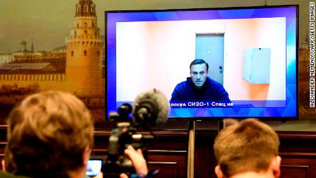 Opposition leader Alexey Navalny appears via video link during a court hearing on January 28 of an appeal against his arrest.