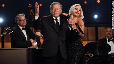 (From left) Tony Bennett and Lady Gaga perform onstage during the 57th Annual Grammy Awards at Staples Center in LA, February 8, 2015. 