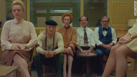 Elisabeth Moss, Owen Wilson, Tilda Swinton, Fisher Stevens and Griffin Dunne in Wes Anderson&#39;s film &#39;The French Dispatch&#39; (Courtesy of  Searchlight Pictures).