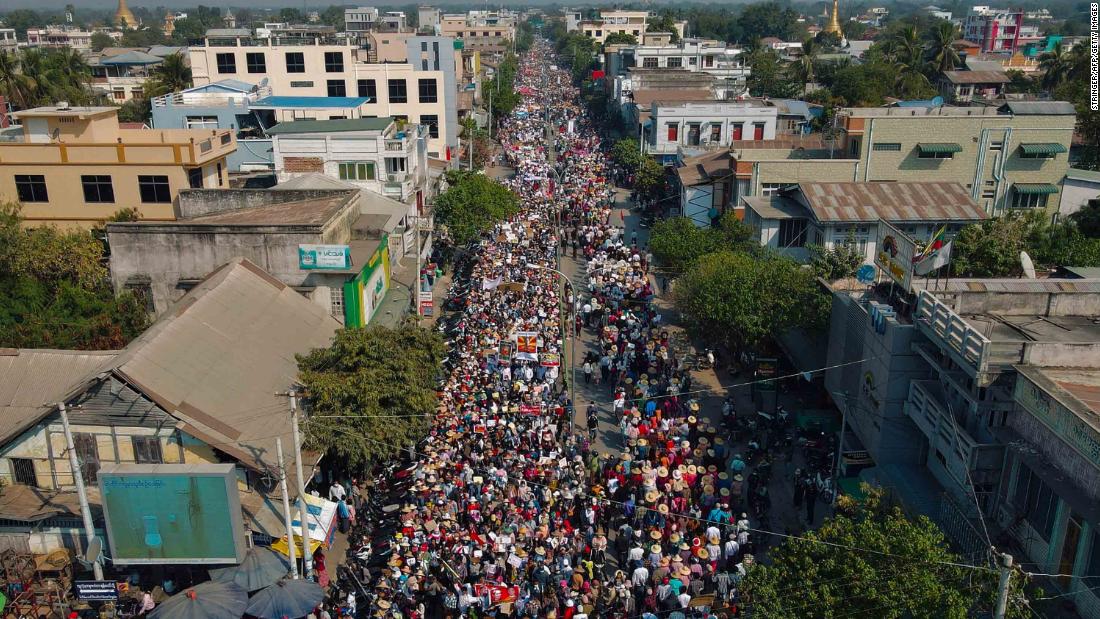 Protesters march through the city of Shwebo on February 13.