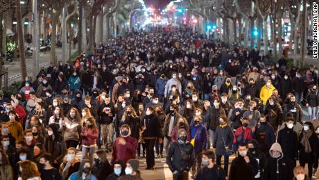 Supporters of the rapper demonstrate in Barcelona on Tuesday condemning his arrest.
