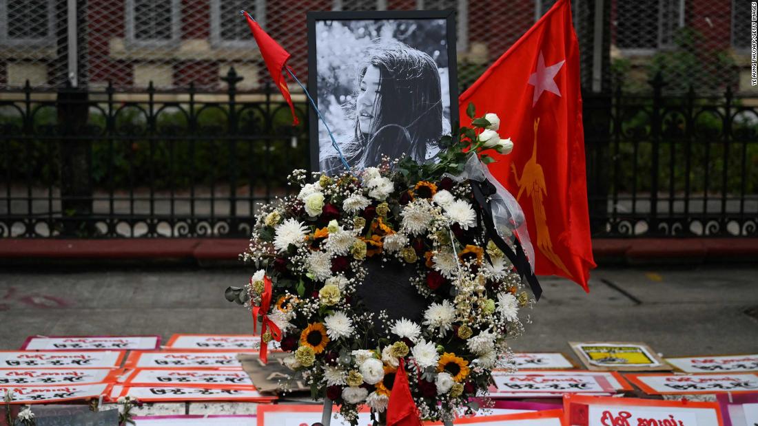 Flower tributes and sympathy messages are left in Yangon for &lt;a href=&quot;https://www.cnn.com/2021/02/19/asia/myanmar-protester-shot-dies-intl-hnk/index.html&quot; target=&quot;_blank&quot;&gt;Mya Thweh Thweh Khine.&lt;/a&gt; The 20-year-old was shot in the head at a protest in Naypyidaw, and she died on February 19.