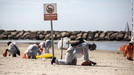Volunteers wearing protective clothing search for tar along Israel&#39;s coast  in Herzilya Pituah, north of Tel Aviv on February 21.