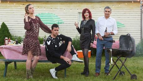(From left) Annie Murphy, Dan Levy, Catherine O'Hara and Eugene Levy star as the Rose family in "Schitt's Creek." 