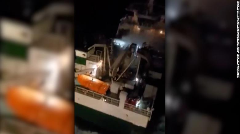 A dramatic rescue saves more than 30 crewmembers from a sinking ship off Nova Scotia