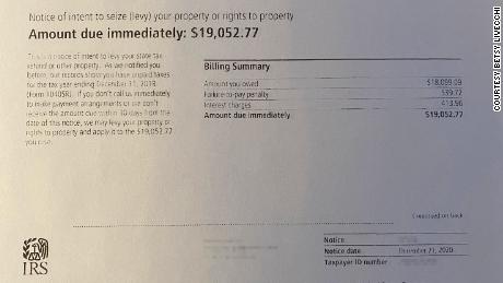 After receiving this letter, Betsy Livecchi and her husband worked with the watchdog arm of the IRS to sort out the situation and ended up getting the late fees abated. (CNN has blurred portions of this image to obscure personal information). 