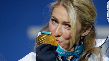 Mikaela Shiffrin aus den USA auf dem Podium während der Olympischen Winterspiele 2018 in Pyeongchang.