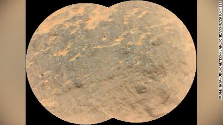This mosaic combines two images from the SuperCam instrument on the Perseverance rover. The depiction shows detail from &quot;Yeehgo,&quot; a rock target on Mars that borrows from the Navajo word &quot;Yéigo,&quot; meaning diligent.