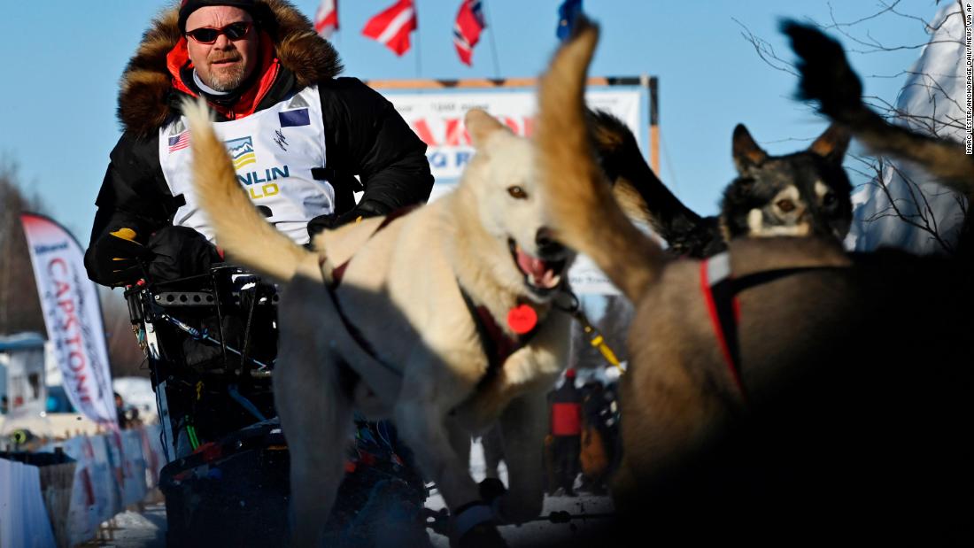 Aaron Burmeister and his team of dogs leave the Iditarod starting area in Willow, Alaska, on Sunday, March 7.