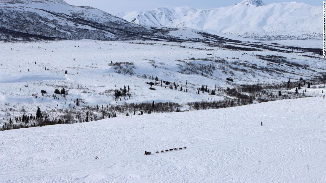 Matt Failor drives his team toward Rainy Pass on Monday, March 8.