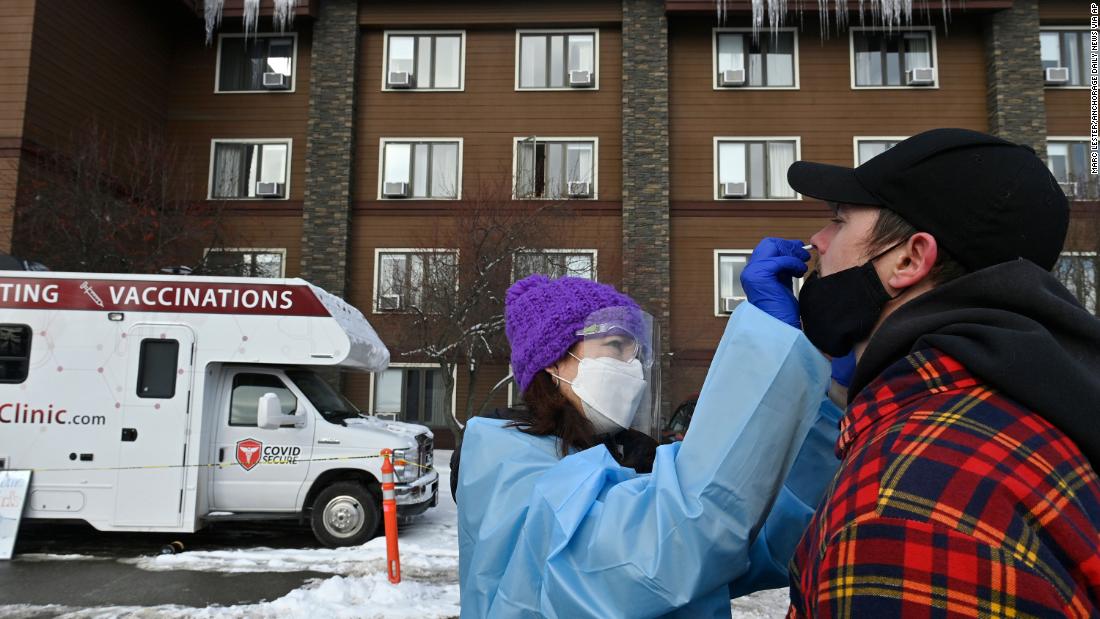 Dr. Jodie Guest tests Failor for Covid-19 at a mobile clinic in Anchorage, Alaska, on March 3. Testing is required for Iditarod mushers before and during the race.