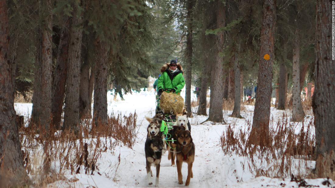 Ryan Redington leaves the Rohn checkpoint after a quick stop. He is carrying straw for his team to rest during the long run to Nikolail.