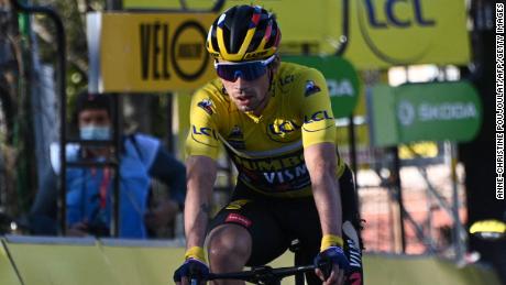 Roglic crosses the finish line of the eighth stage of the Paris-Nice race.