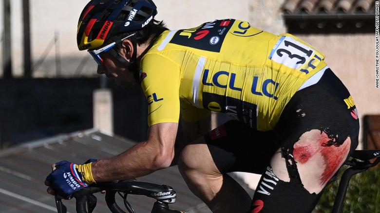 Cyclist Primoz Roglic crashes twice, suffers a dislocated shoulder, loses race lead, but still finishes