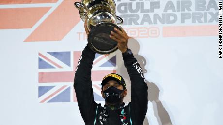 Lewis Hamilton celebrates at the F1 Grand Prix in Bahrain.