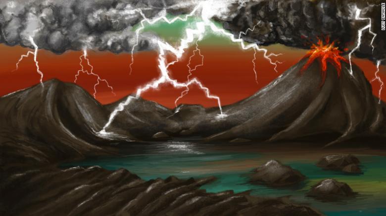 This artist's rendition of the early Earth environment shows lightning striking volcanic rocks, releasing phosphorus.