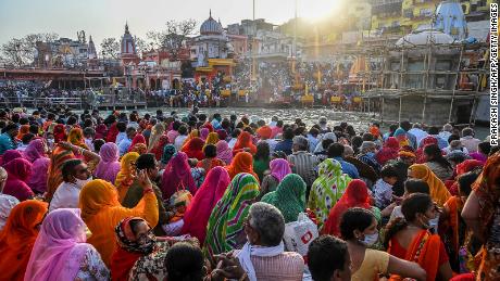 Devotees gather after taking a holy dip in the River Ganges in Haridwar, India, on March 10.
