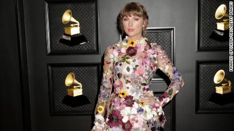 Taylor Swift at the 63rd annual Grammy Awards in Los Angeles on Sunday, March 14, 2021.