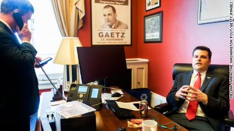 Then-freshman Congressman Matt Gaetz works with staff in office on Capitol Hill in Washington, DC on Wednesday February 14, 2018. 