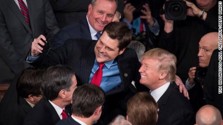 Gaetz takes a selfie with then-President Donald Trump in the House chamber after Trump&#39;s State of the Union address in January 2018.