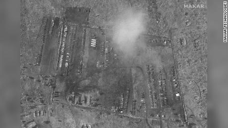 A buildup of vehicles at the  Pogonovo training area, seen in Maxar&#39;s satellite image.