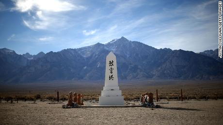 A monument stands in the cemetery at Manzanar National Historic Site in California.