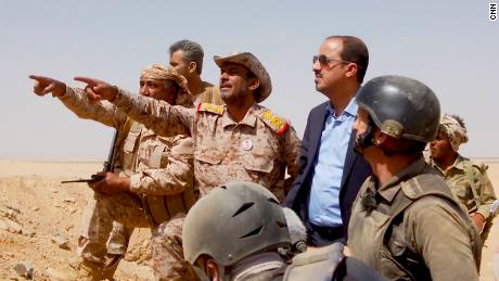 General Sagheer bin Aziz, Chief of Staff, pictured third from left, and Moammar Al-Eryani, Minister of Information, Culture and Tourism, fourth from left at the frontline in Marib.