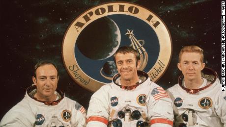 Apollo 14 astronauts pose for a group portrait at a prelaunch news conference at Kennedy Space Center in Cape Canaveral, Florida. From left to right: Edgar J Mitchell, Alan B Shepard and Stuart A Roosa. 