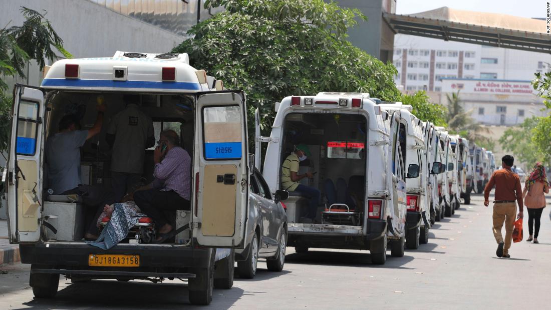 Ambulances carrying Covid-19 patients line up outside a government hospital in Ahmedabad on April 22.