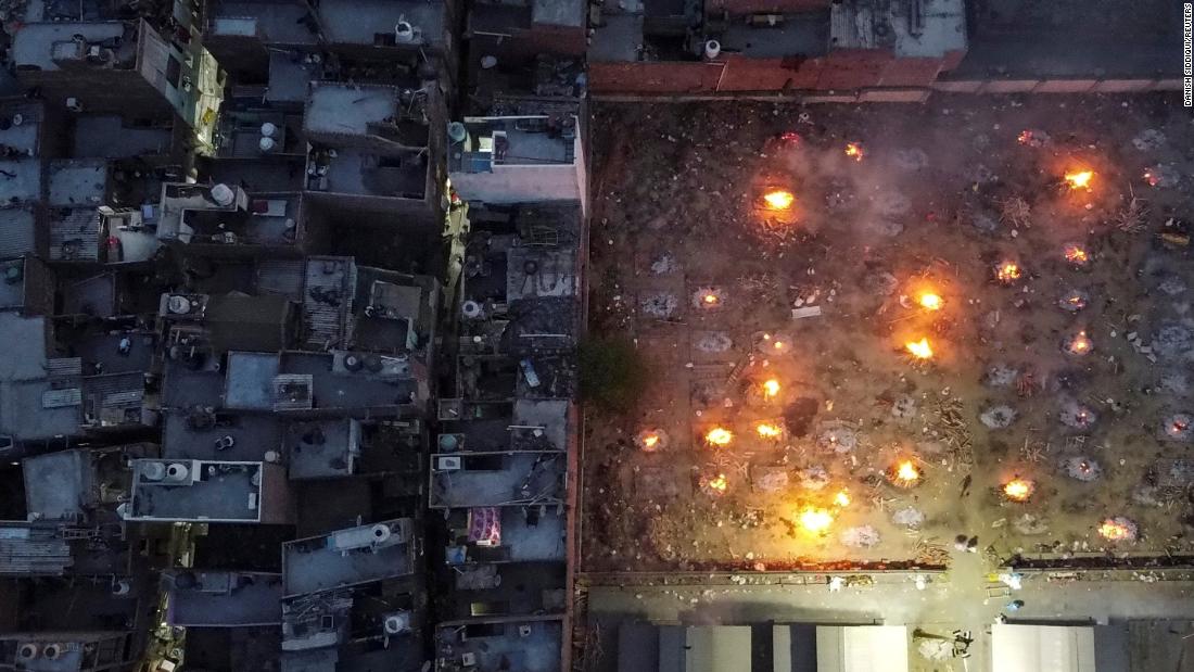This aerial photo, taken with a drone, shows a mass cremation in New Delhi on April 22.