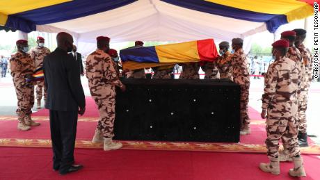 Chadian soldiers carry Deby&#39;s coffin  at his funeral on Friday.