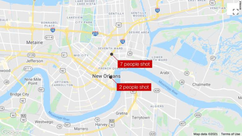 9 people were shot in 2 New Orleans shootings overnight. Por lo menos 1 person has died