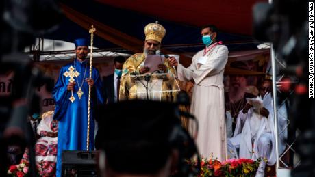 Abune Mathias, center, addresses the public during the celebration of the eve of the Ethiopian Orthodox holiday of Meskel, in Addis Ababa, on September 26.