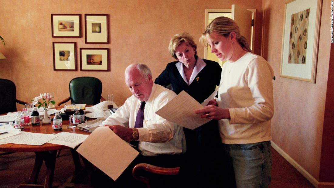 Dick Cheney talks with Liz and his wife on the morning after the election in 2000. There wasn&#39;t a clear winner yet in the presidential race.