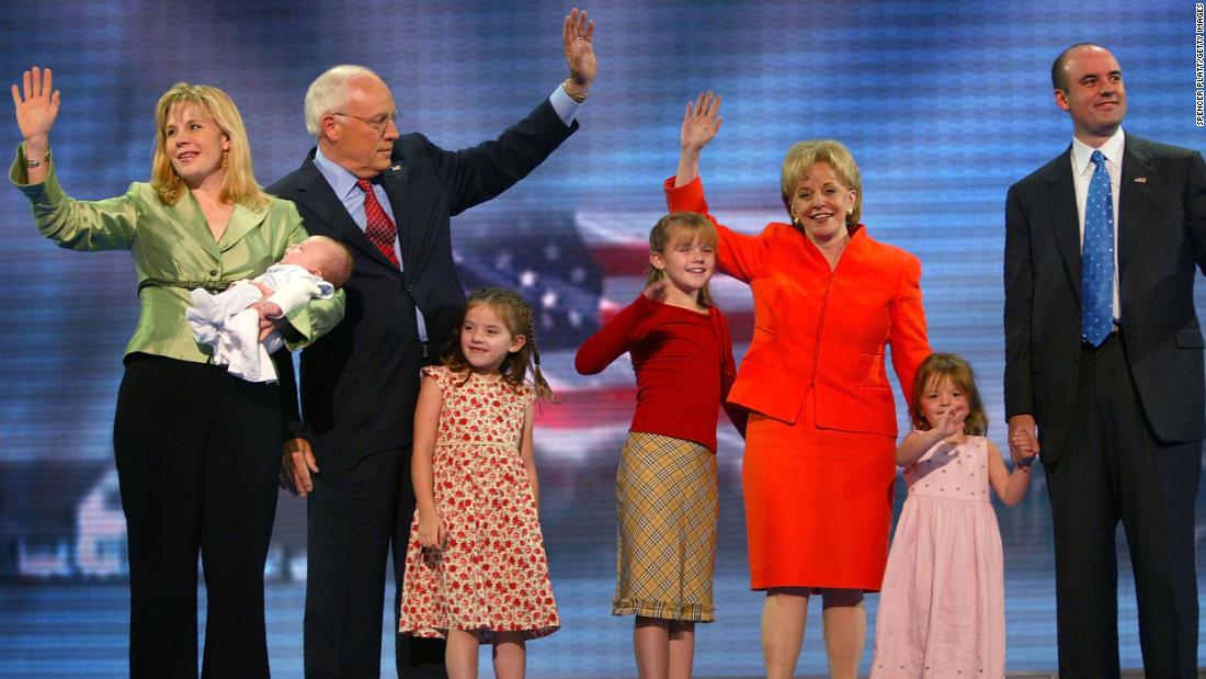 Cheney, links, joins her parents, her husband and her children on stage after her dad spoke at the Republican National Convention in September 2004.