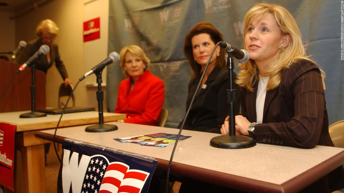 Cheney speaks in Denver as part of a campaign event for Republican women in October 2004. Cheney left her State Department job to help her father get re-elected.