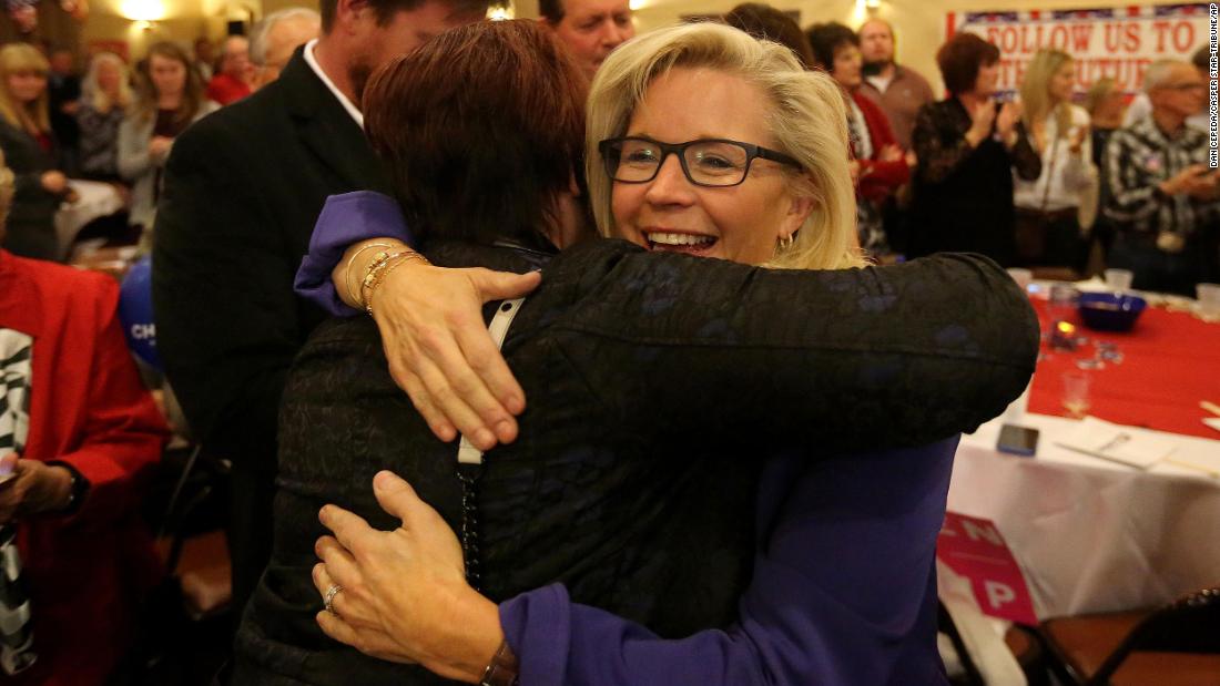 Cheney hugs a supporter during an election-night party in Casper, Wyoming, in November 2016. She defeated Democrat Ryan Greene to claim Wyoming&#39;s lone seat in the House.